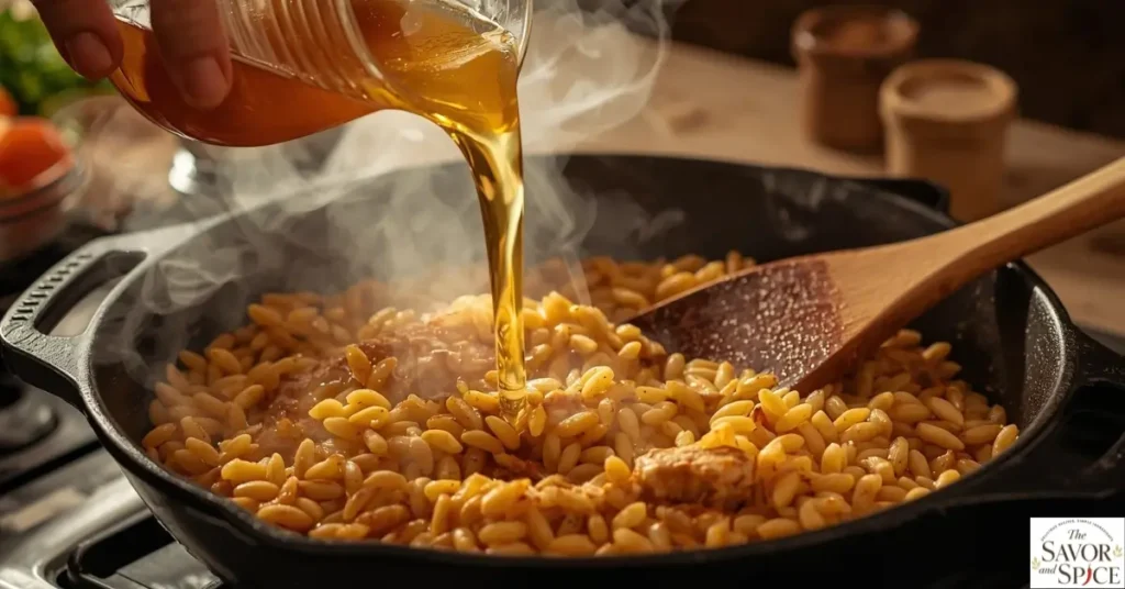 Add broth to roasted orzo.