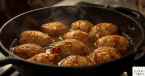 Chicken pieces sizzling in a hot pot with a little oil, turning golden brown on all sides. Steam rises from the pot, and the surface of the chicken shows a crispy, caramelized texture, building rich flavor for the curry.