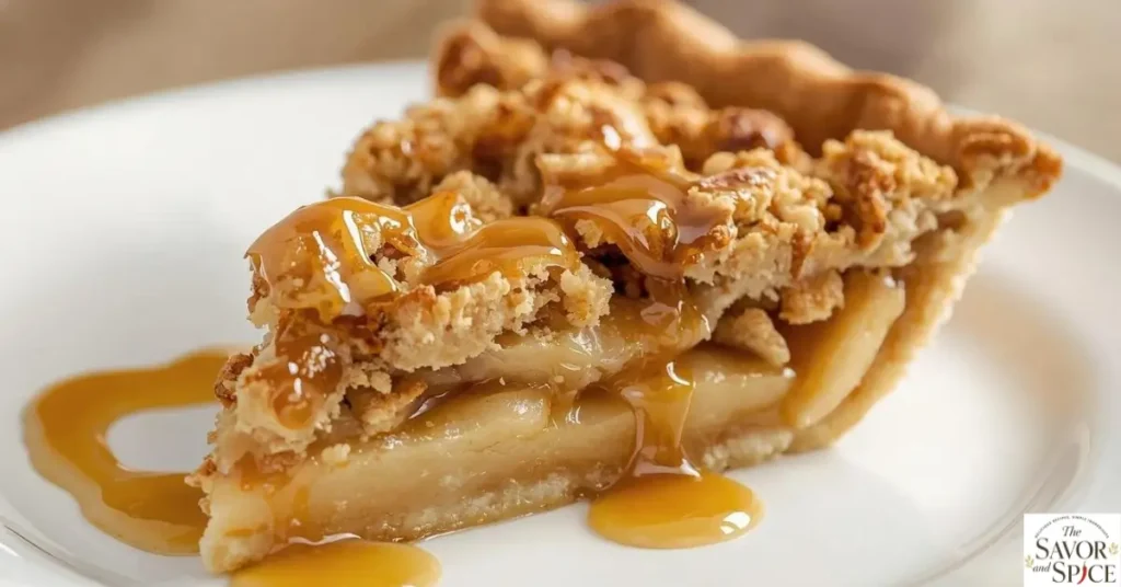 Homemade apple pie with golden crumble topping drizzled with caramel or maple syrup, showing a slice cut to reveal juicy apple filling.