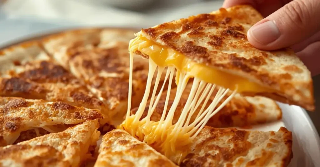Cheesy breakfast quesadilla with gooey melted cheddar and mozzarella cheese, cut into wedges