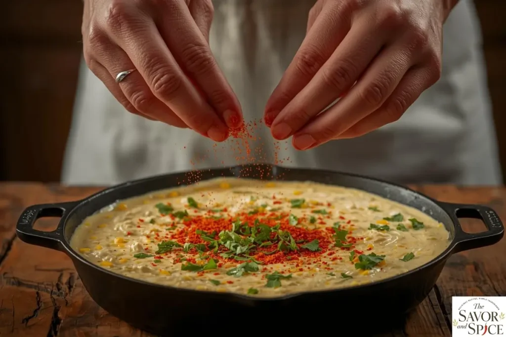 Sprinkling black pepper, chili powder, and chopped coriander over creamy corn dip in a skillet.