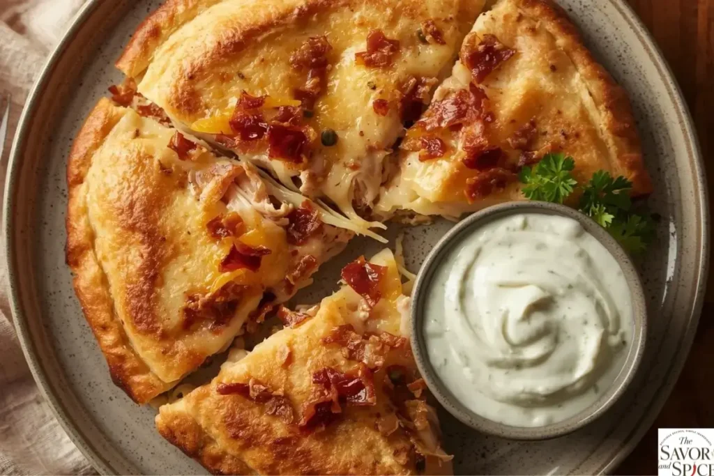 Chicken Bacon Ranch bake served with ranch dip.