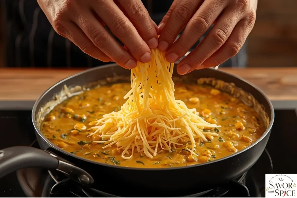 Adding cheddar cheese to the corn dip with cream cheese recipe.