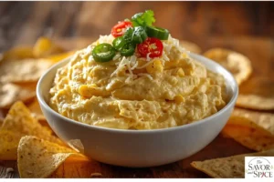 corn dip with cream cheese served in white bowl with tortilla chips.