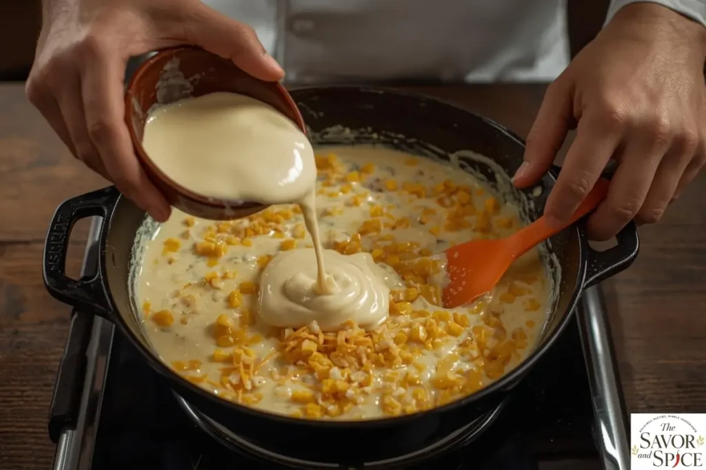 Adding & stirring softened cream cheese and shredded cheddar into corn and onions for creamy corn dip