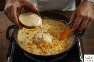 Making creamy texture for corn dip with cream cheese.