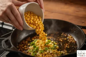 Adding corn into sautéed onions.