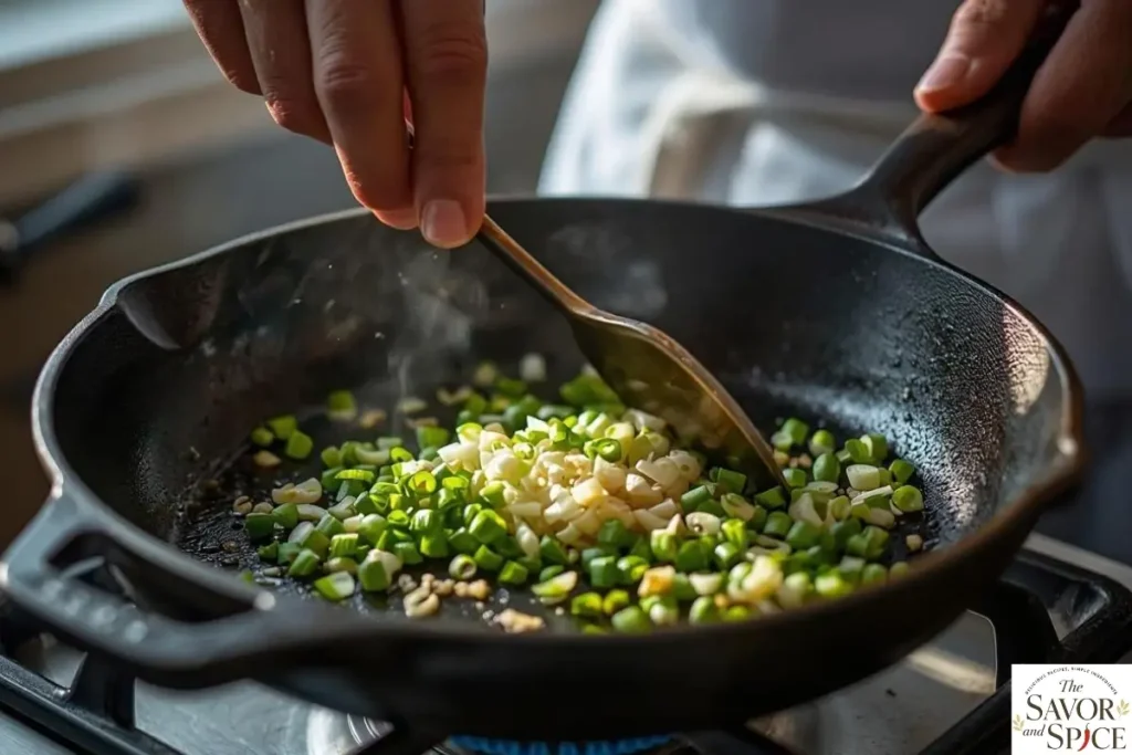 Finely chopped green onions and minced garlic sautéing in butter in a skillet for a corn dip with cream cheese.