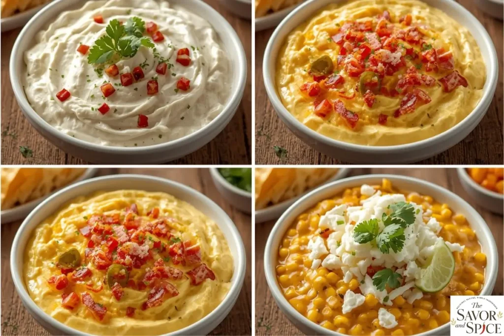 Collage showing 4 variations of corn dip with cream cheese: classic with coriander, bacon corn dip, jalapeño corn dip, and Mexican street corn dip with cotija cheese and lime.