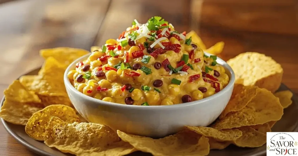 Ultimate Corn Dip with Cream Cheese in white bowl - creamy, garnished with coriander, served with tortilla chips