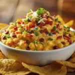 Ultimate Corn Dip with Cream Cheese in white bowl - creamy, garnished with coriander, served with tortilla chips