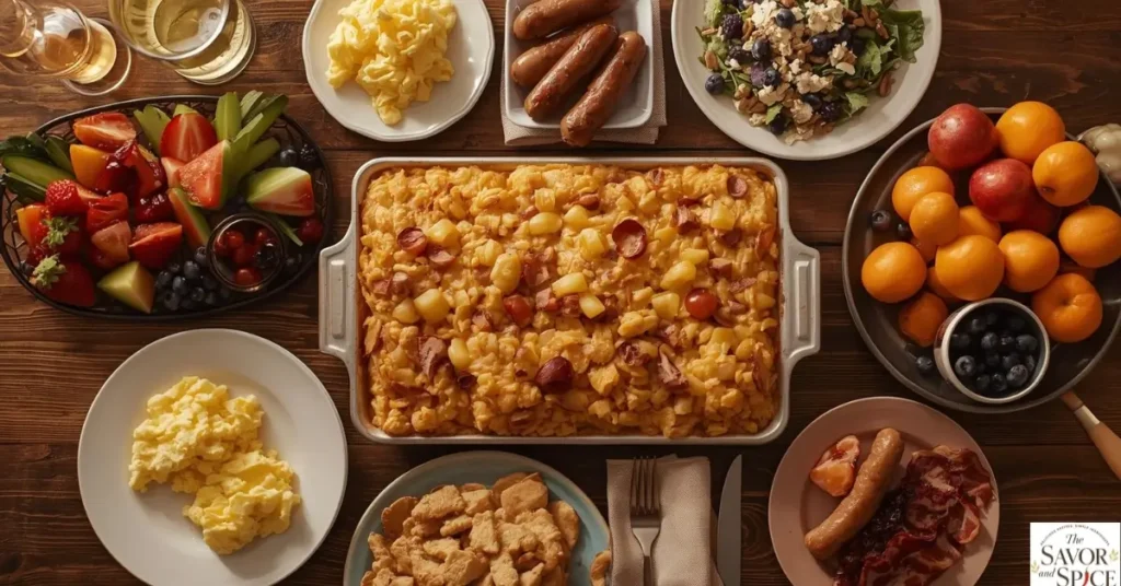 Cracker Barrel-style hashbrown casserole served with scrambled eggs, crispy bacon, sausage, fresh fruit platter, salad, and Russian blinis on a brunch table, styled for a festive breakfast or holiday gathering.