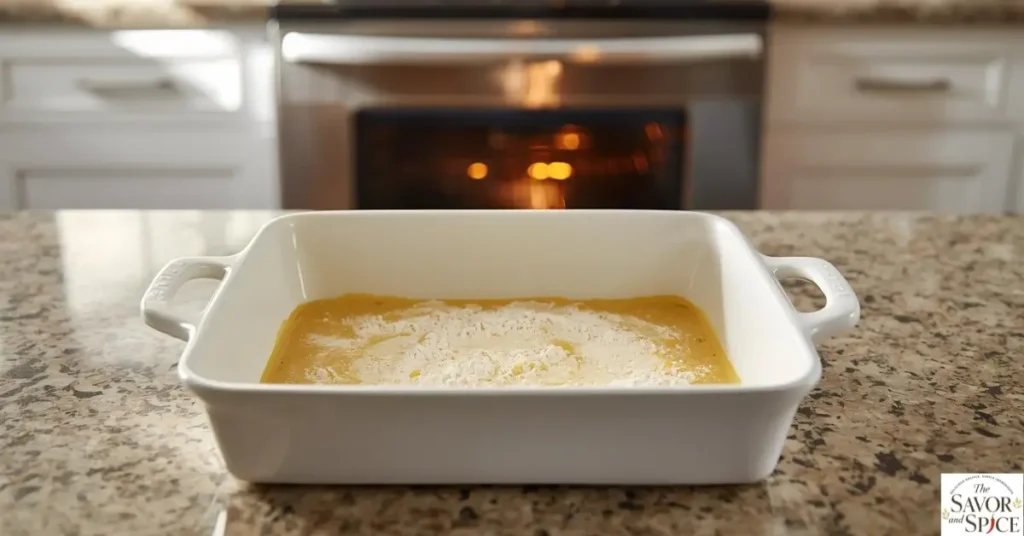 Greased 9x13-inch baking dish ready for Cracker Barrel-style hashbrown casserole, with oven preheating in the background.
