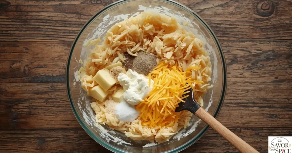 Mixing shredded hashbrowns, cream of chicken soup, sour cream, melted butter, diced onions, and shredded cheddar cheese in a large bowl for Cracker Barrel-style hashbrown casserole.