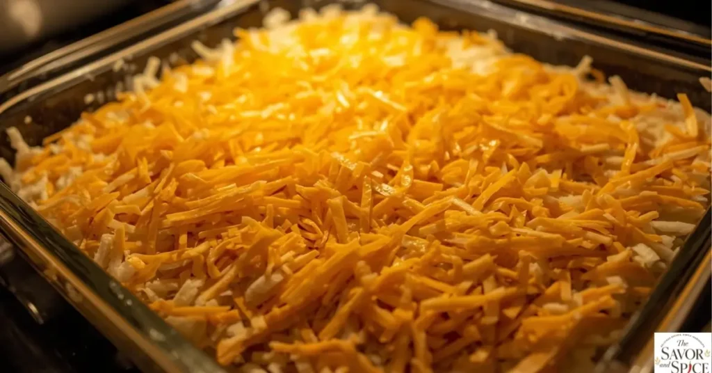 Cracker Barrel-style hashbrown casserole mixture spread in a greased baking dish, topped with shredded cheddar cheese, ready to bake.