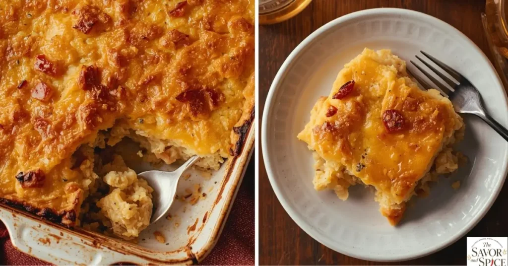 Golden-brown Cracker Barrel hashbrown casserole in a baking dish, with a serving plated to show creamy, cheesy texture and crispy top.