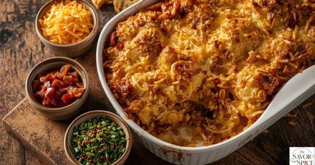 Cracker Barrel-style Hashbrown casserole with bowls of topping options including extra cheddar, crispy onions, bacon bits, and chopped chives on a rustic table.
