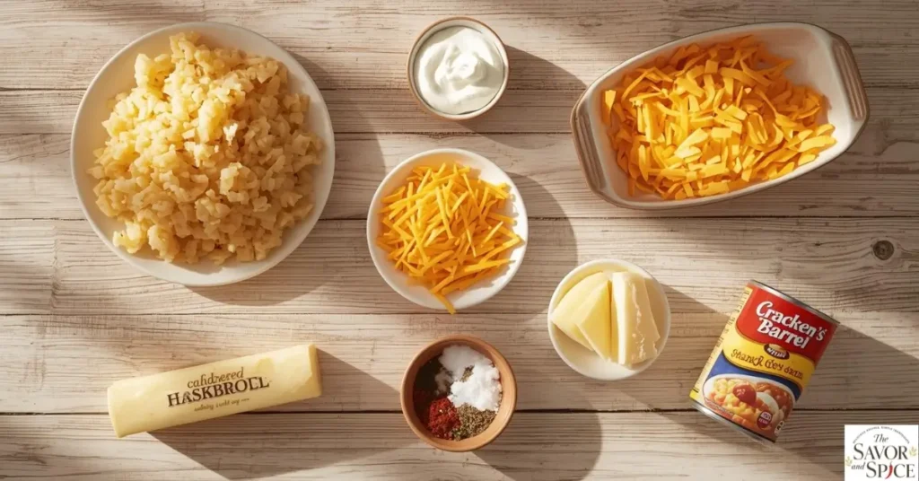 Ingredients for Cracker Barrel-style hashbrown casserole including shredded hashbrowns, cheddar cheese, sour cream, cream of chicken soup, butter, and seasonings arranged on a wooden table.