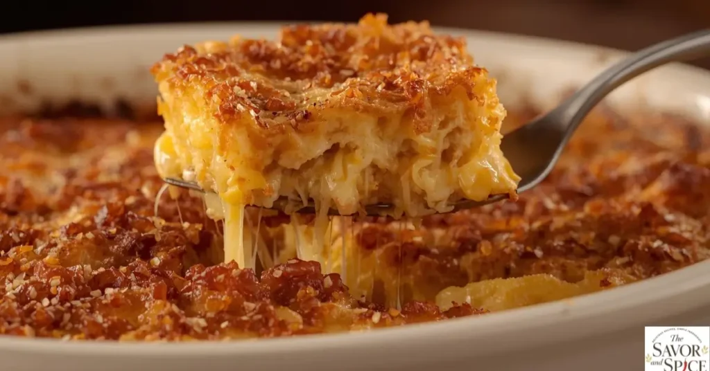 Close-up of a spoonful of Cracker Barrel-style hashbrown casserole showing creamy cheesy texture and golden crispy top.
