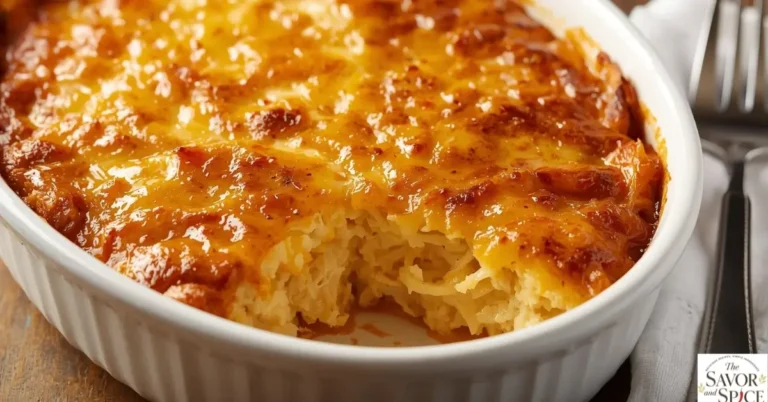 Cracker Barrel Hashbrown casserole with golden crispy top and creamy cheesy interior, served in a rustic baking dish on a wooden table