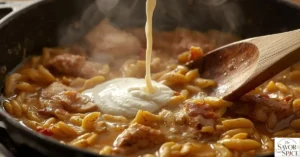Pouring heavy cream into the skillet with cooked orzo and Cajun chicken.