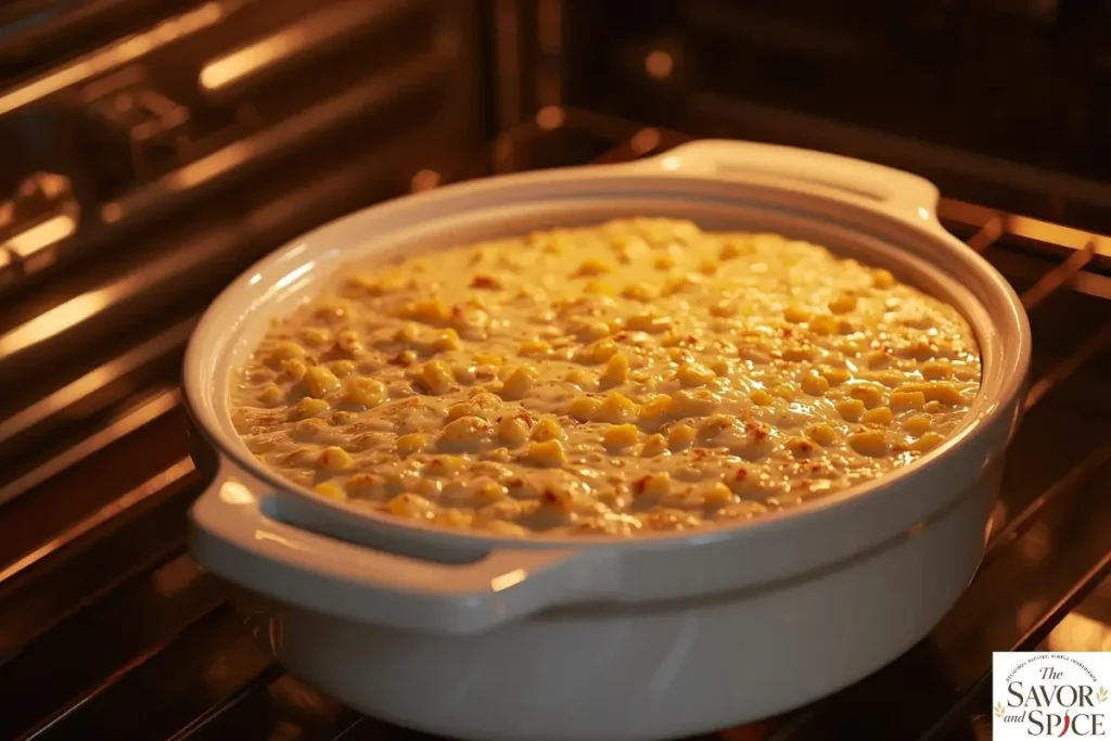 White oven-safe dish with creamy corn dip with cream cheese bubbling in the oven until golden and hot.