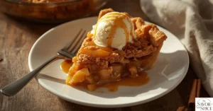 Apple pie filling in a 9-inch pie pan with homemade crumble topping sprinkled on top, some clusters pressed for a rustic look.