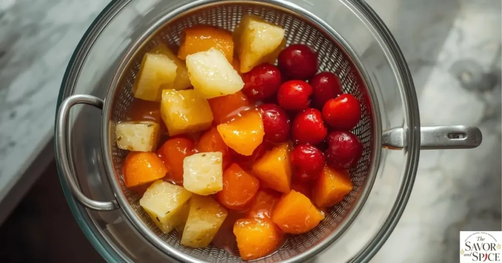 Drain the fruits to make ambrosia salad recipe.
