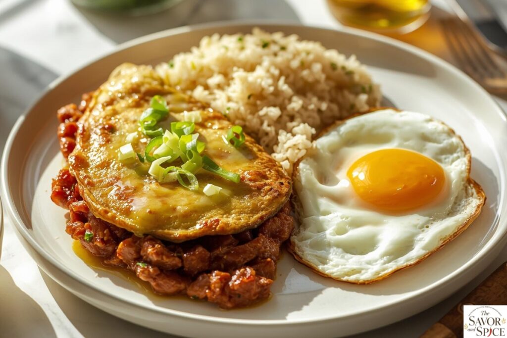 Golden-brown roasted and flattened tortang talong with giniling - eggplant omelet topped with cooked ground pork, garnished with green onions, served with garlic rice and a sunny-side-up egg on a white plate, Filipino breakfast.
