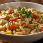 reamy Cajun Chicken Orzo served in a bowl, topped with fresh parsley, tender chicken pieces, and rich, cheesy sauce.