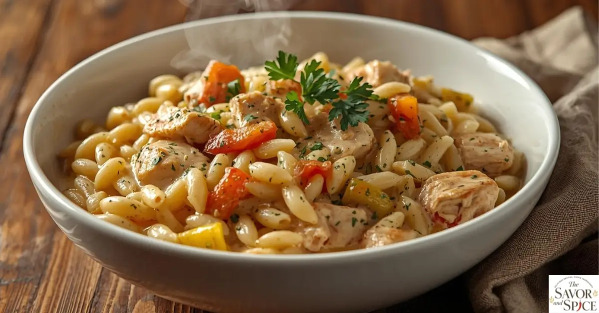 reamy Cajun Chicken Orzo served in a bowl, topped with fresh parsley, tender chicken pieces, and rich, cheesy sauce.