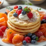 Stack of golden Russian blini pancakes on a plate, served with sour cream and fresh berries, traditional homemade breakfast.