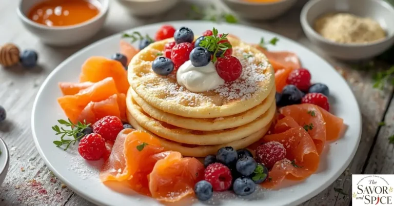 Stack of golden Russian blini pancakes on a plate, served with sour cream and fresh berries, traditional homemade breakfast.
