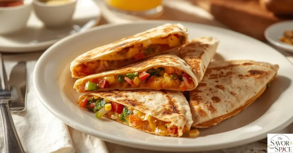 Breakfast quesadilla with scrambled eggs, melted cheese, and colorful vegetables, cut into wedges on a plate.