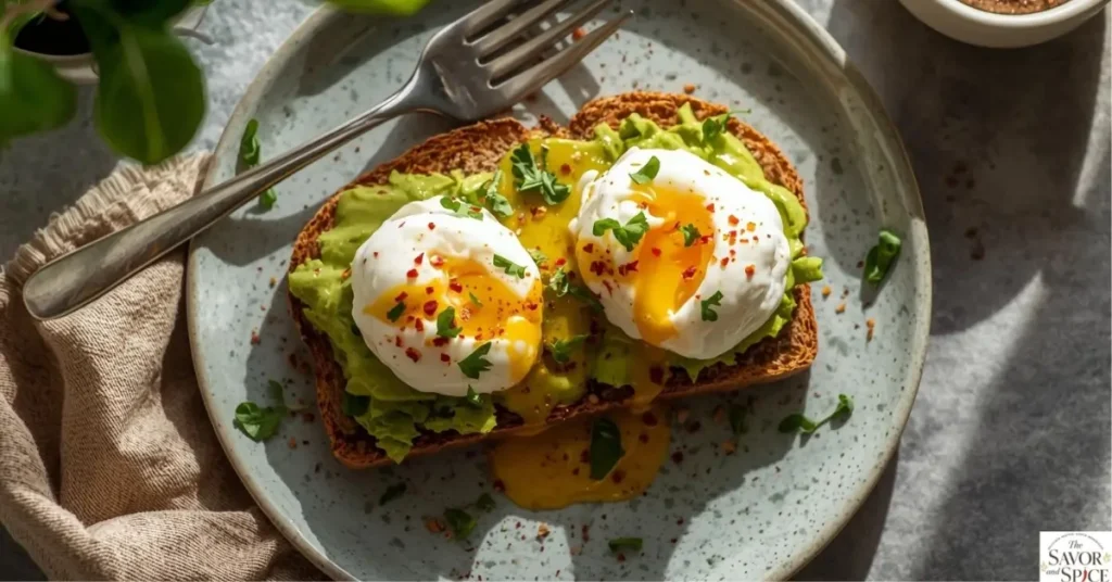 Avocado toast with poached egg served on a rustic plate with coffee and fresh fruit 🥑🍳