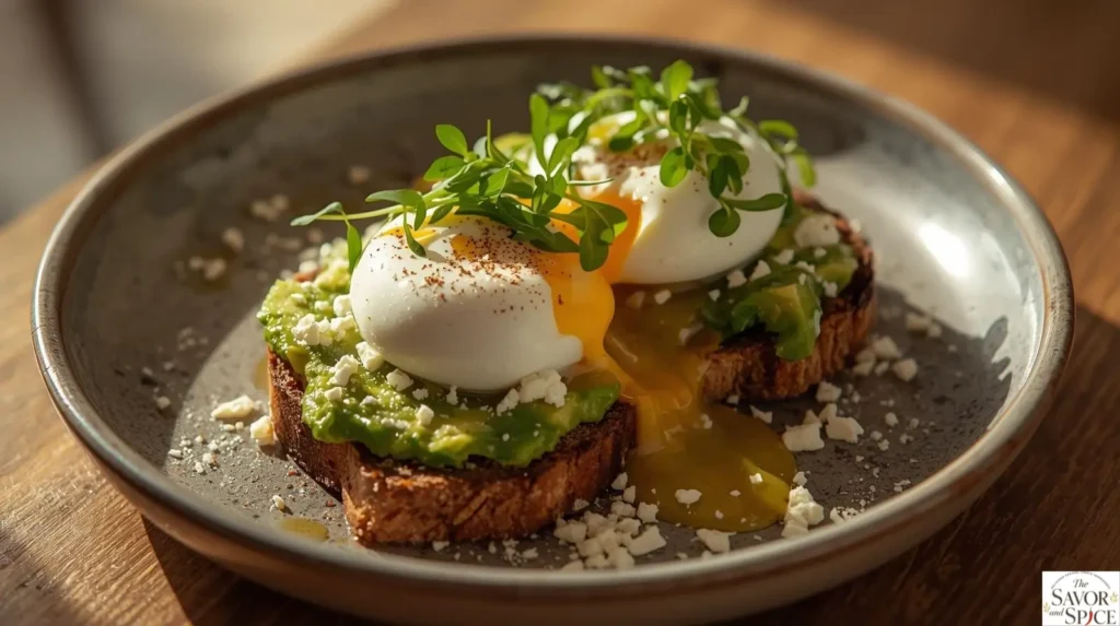 Avocado toast with poached egg and crumbled feta cheese 🥑🍳🧀