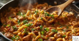 Chopped fresh parsley sprinkled over creamy Cajun Chicken Orzo in a bowl.