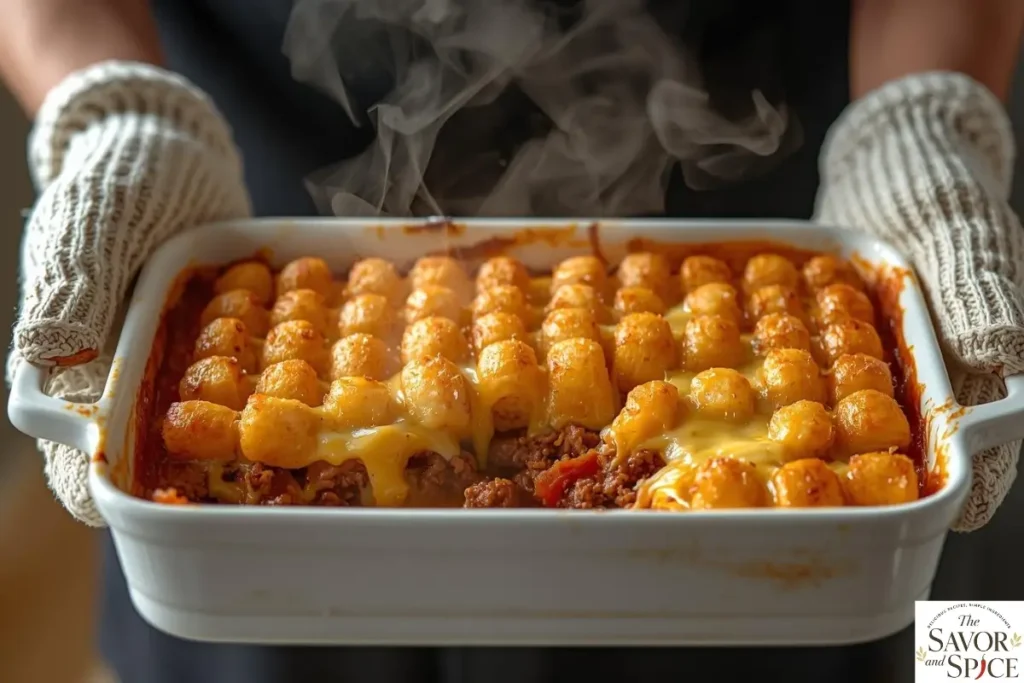 Serve and enjoy hamburger tater tot casserole.
