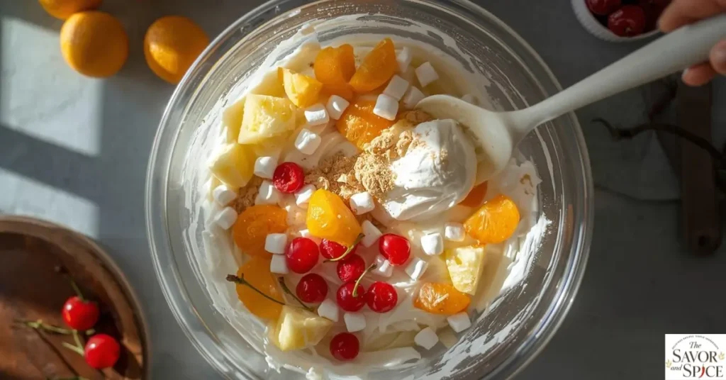 folding fruits into cream for ambrosia salad.