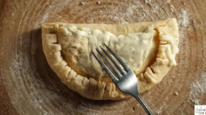 Folding the dough over the chicken bacon ranch filling to form a calzone.