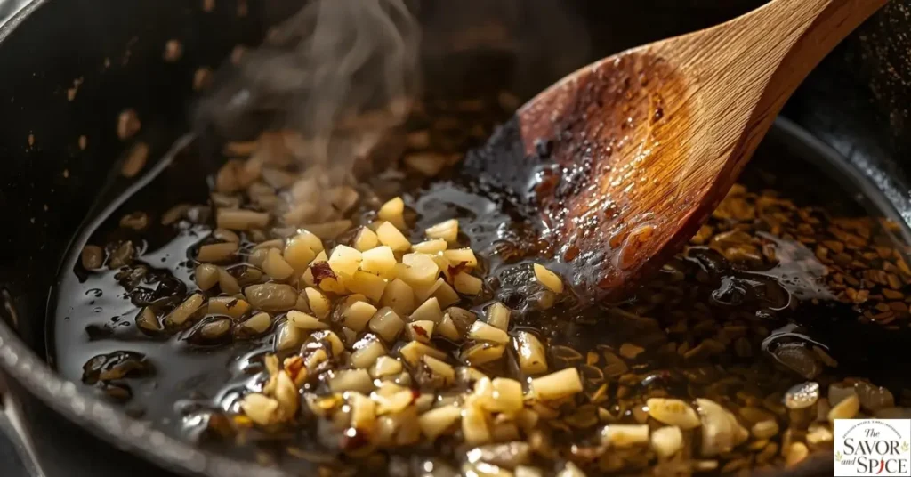 sautéing garlic to make chicken cajun orzo.