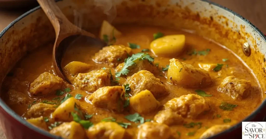 Jamaican Curry Chicken garnished with fresh herbs.