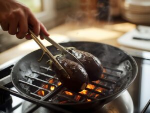 Grilling eggplants to make tortang talong with giniling.