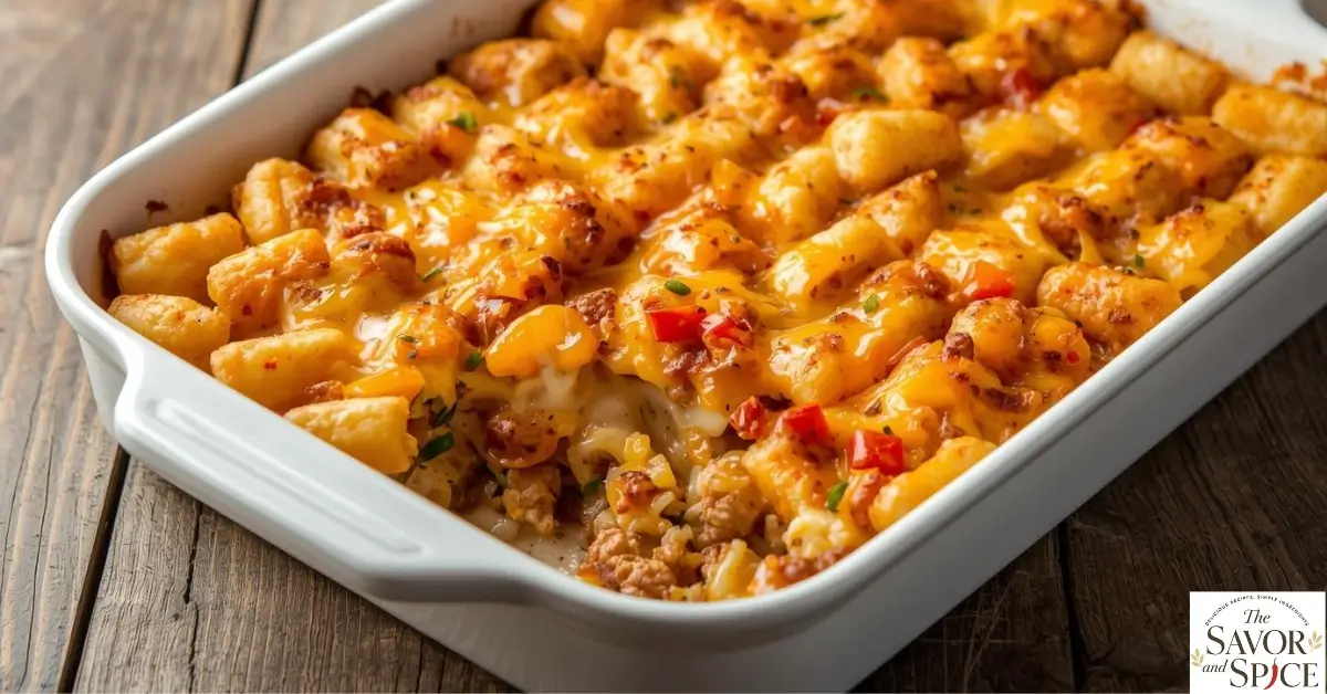 Creamy, cheesy Hamburger Tater Tot Casserole in a white skillet, with melted cheese, crispy tater tots.
