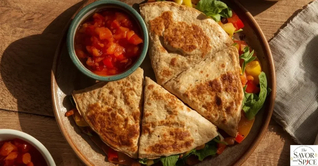 Healthy breakfast quesadilla recipe with whole wheat tortilla, spinach, bell peppers, beans, and low-fat cheese on a plate.