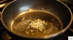 Heating oil in a saucepan and sautéing minced garlic until fragrant before adding rice.