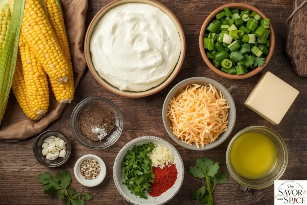 All ingredients for corn dip with cream cheese, displayed on a rustic wooden countertop, including corn, cream cheese, shredded cheddar, butter, onion, garlic, spices, and fresh coriander