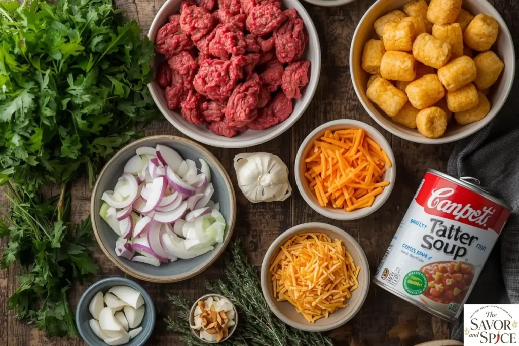 ingredients for our One-Pot Hamburger Tater Tot Casserole.
