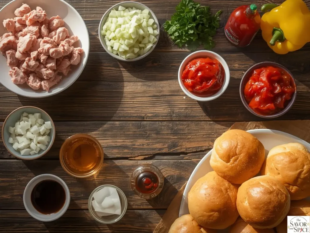 Overhead view of turkey sloppy joe ingredients including ground turkey, onions, tomato sauce, vinegar, and burger buns arranged on a rustic table.