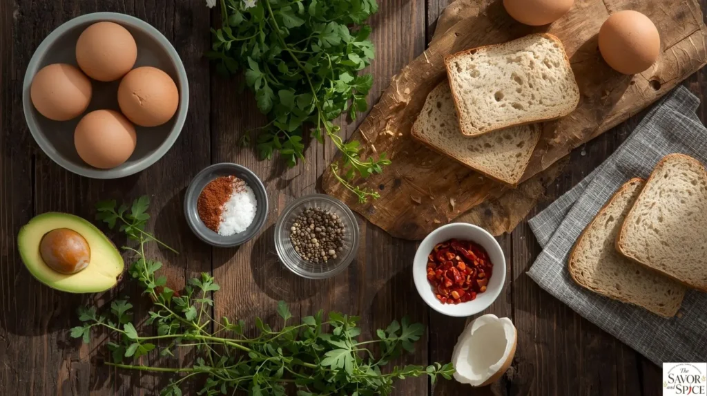 Ingredients required to make avocado toast with poached eggs.